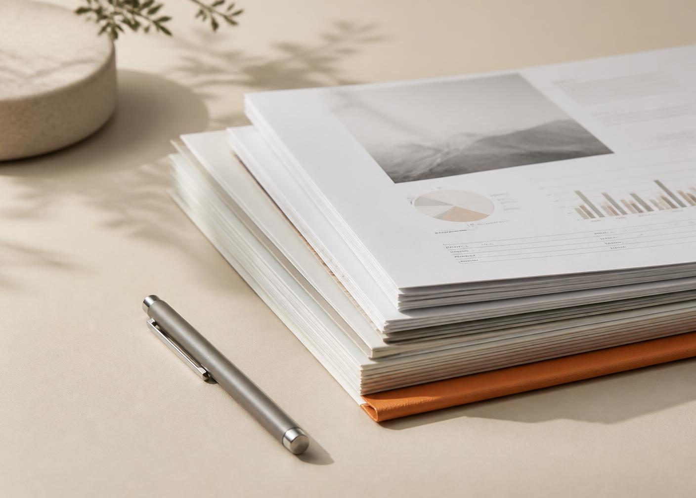 Stack of printed operational reports beside a pen on a pale sand surface
